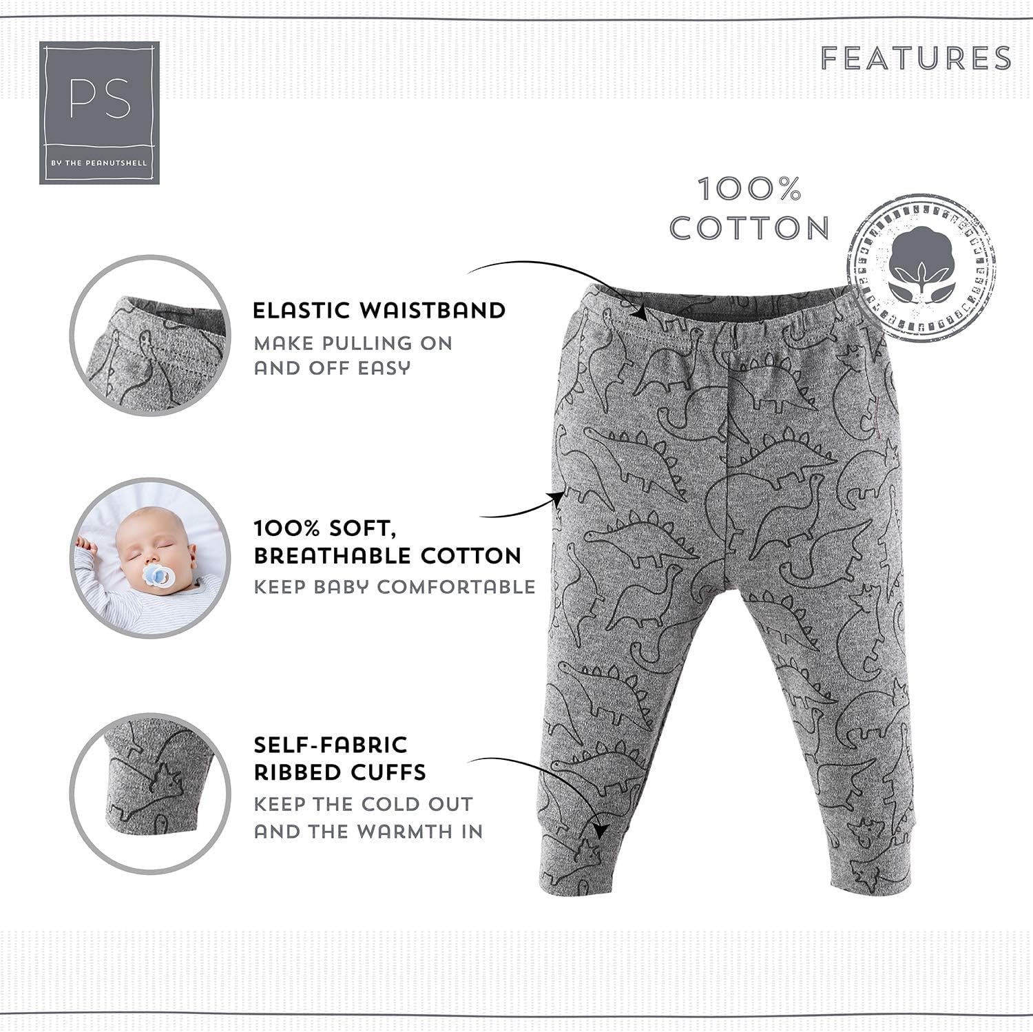 Peanutshell 5-Pack Toddler Pants Set for Boys and Girls - 100% Cotton, Suitable for Ages 0-24 Months - Dinosaur Theme