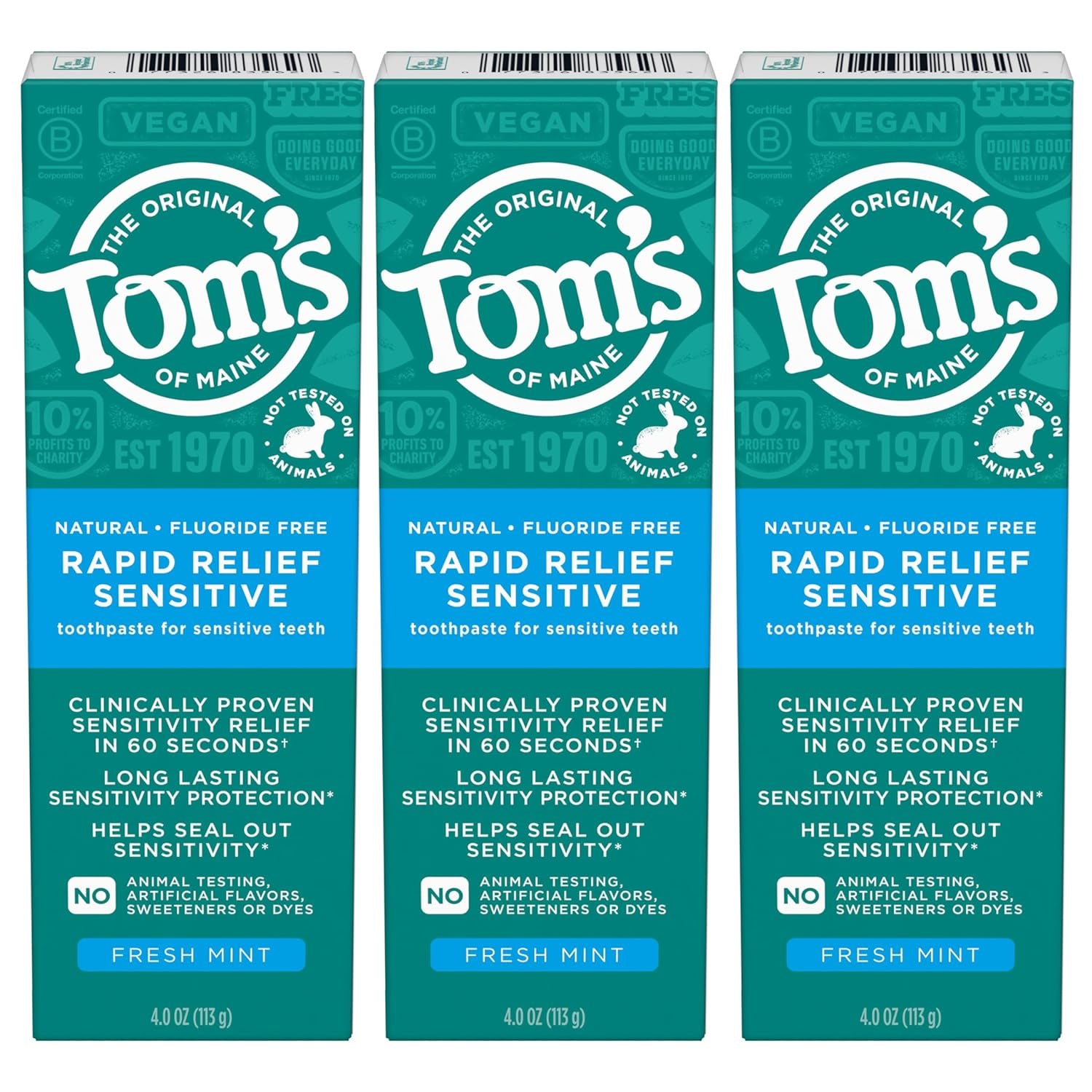 Fluoride-Free Rapid Relief Sensitive Toothpaste, Fresh Mint, 4 oz, Pack of 3 (Packaging May Vary)