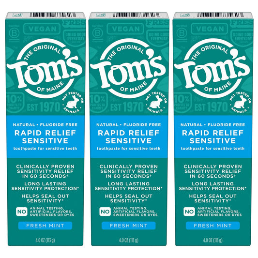 Fluoride-Free Rapid Relief Sensitive Toothpaste, Fresh Mint, 4 oz, Pack of 3 (Packaging May Vary)