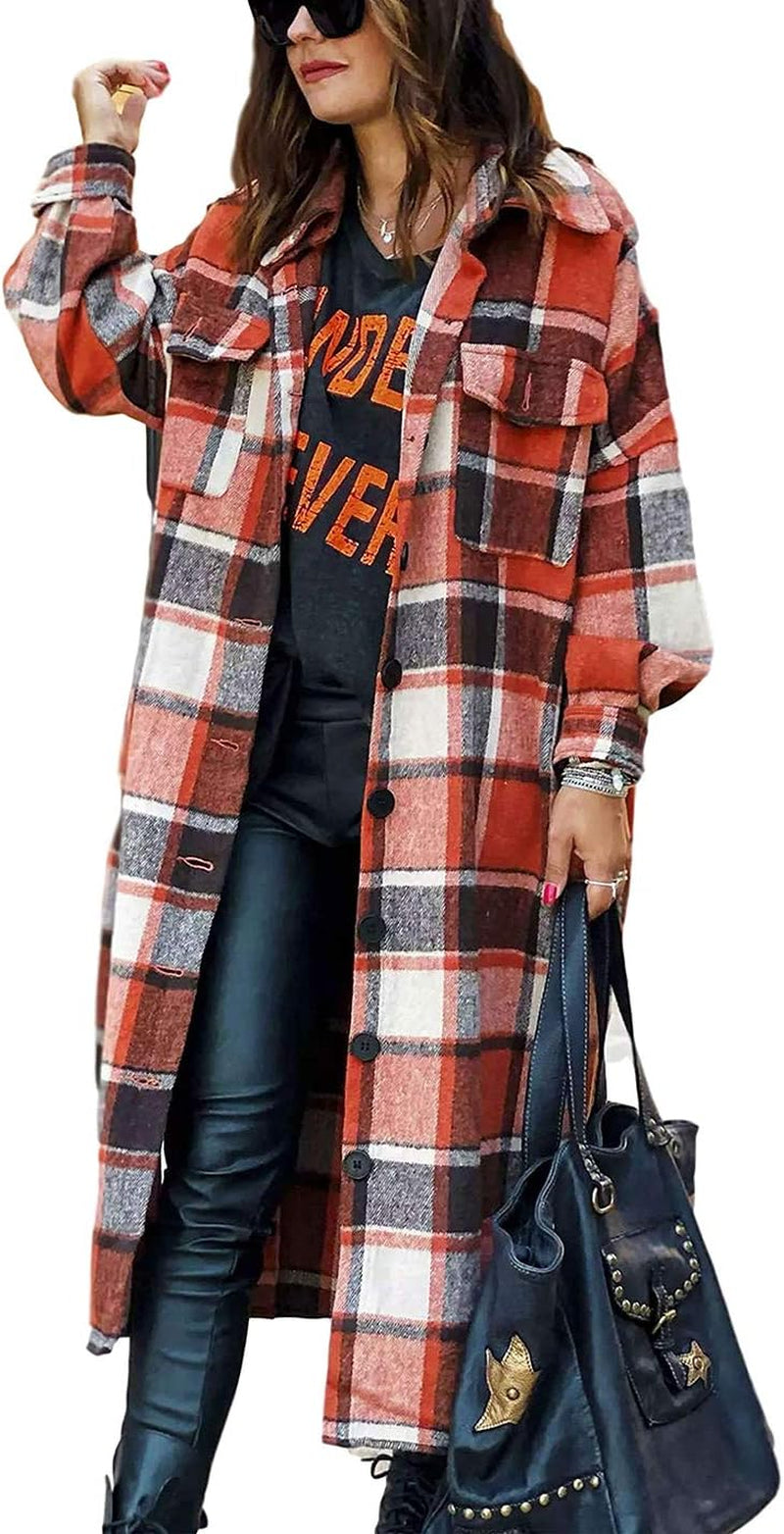 Women's Oversized Flannel Plaid Shacket - Long Button-Down Shirt Jacket for Fall