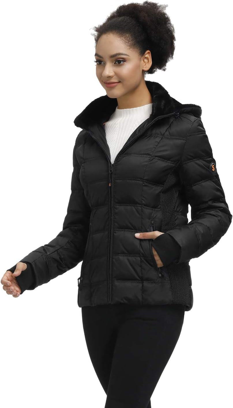 Women's Warm Hooded Puffer Jacket with Faux-Fur Trim for Winter