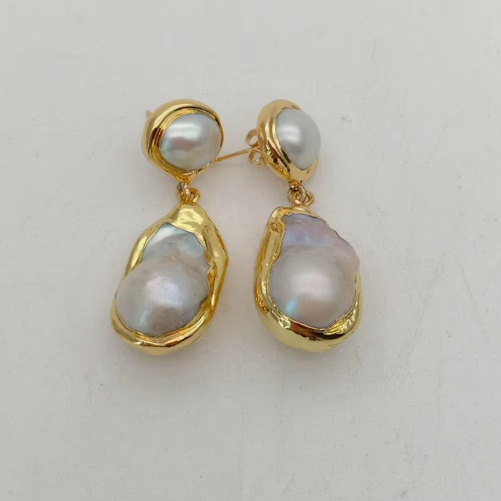 Luxury White Keshi Pearl & Gold Plated Stud Earrings - Nucleated Flameball Baroque Design for Elegant Weddings