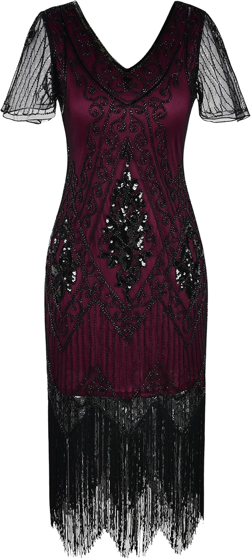 Women's 1920s Sequin Art Deco Flapper Dress with Sleeves