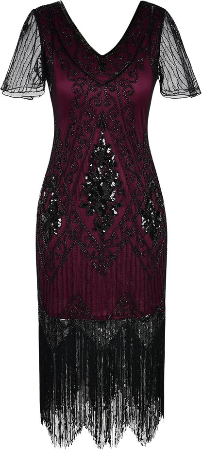 Women's 1920s Sequin Art Deco Flapper Dress with Sleeves
