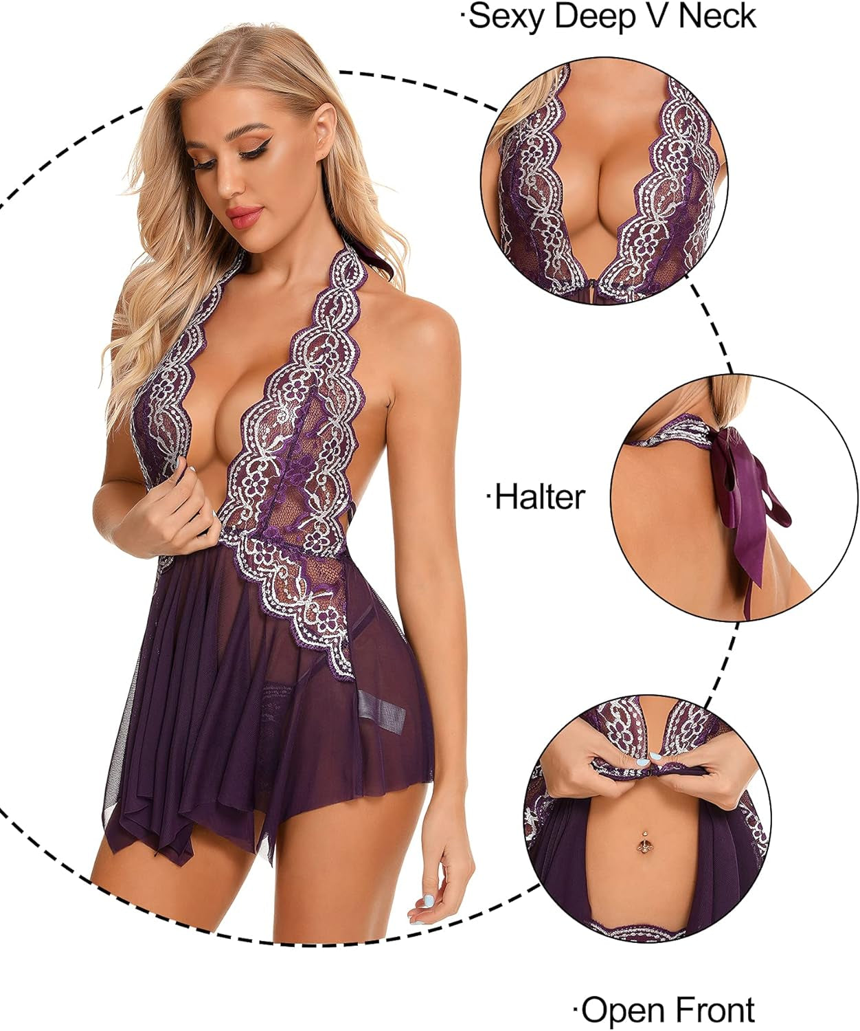 Women Lace Lingerie Babydoll Sexy Chemise Exotic Nightgowns Bridal Nightdress Purple L