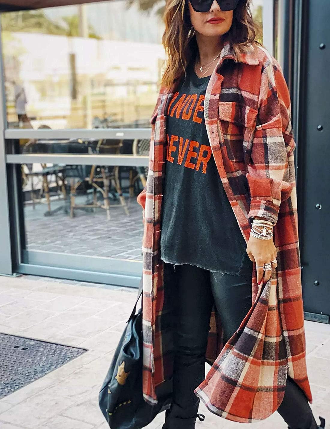 Women's Oversized Flannel Plaid Shacket - Long Button-Down Shirt Jacket for Fall