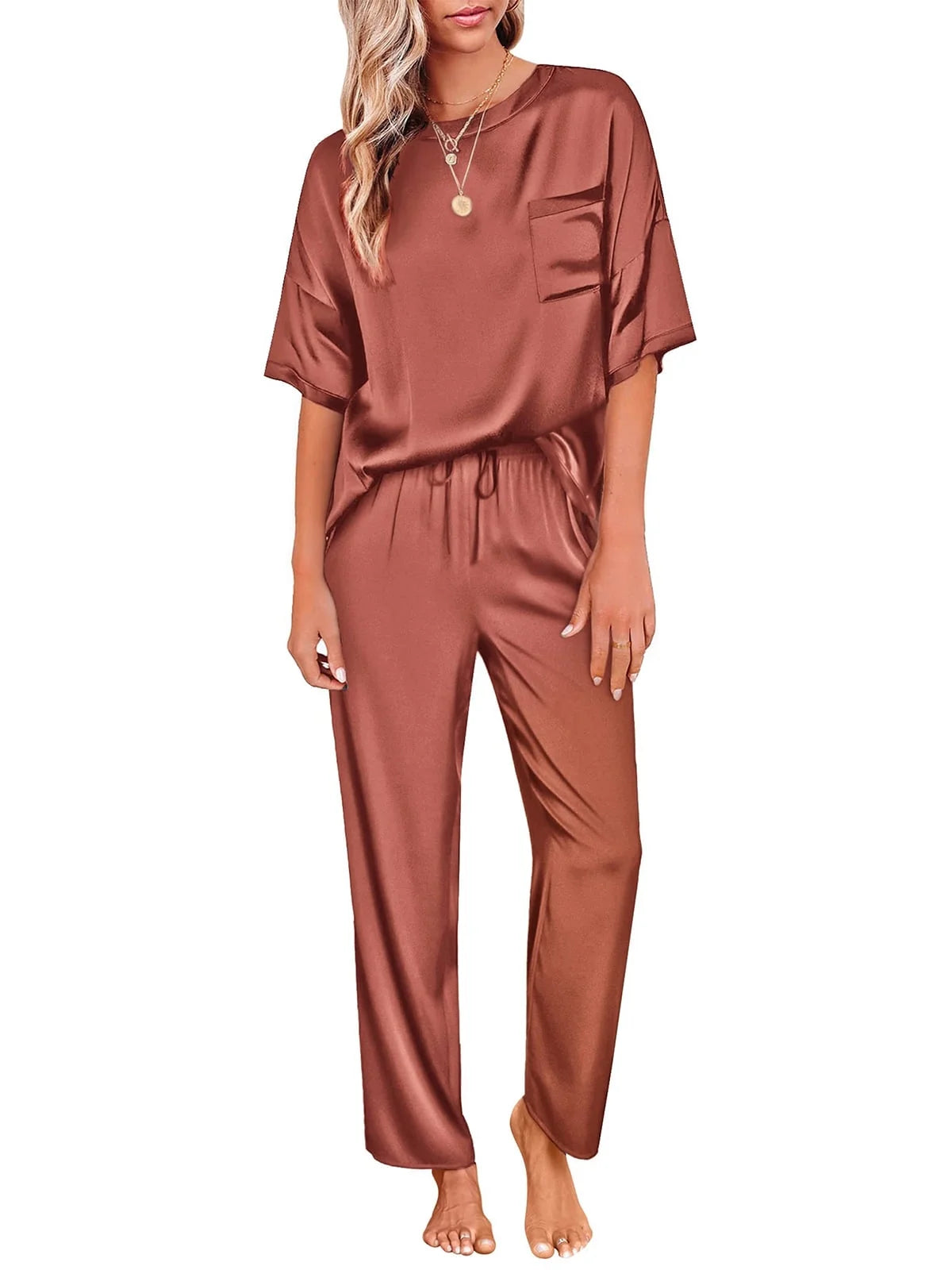 Luxurious  Women's Silk Satin Pajama Set - Short Sleeve Shirt & Long Pants - Soft Sleepwear Loungewear in Caramel, Sizes S-XXL