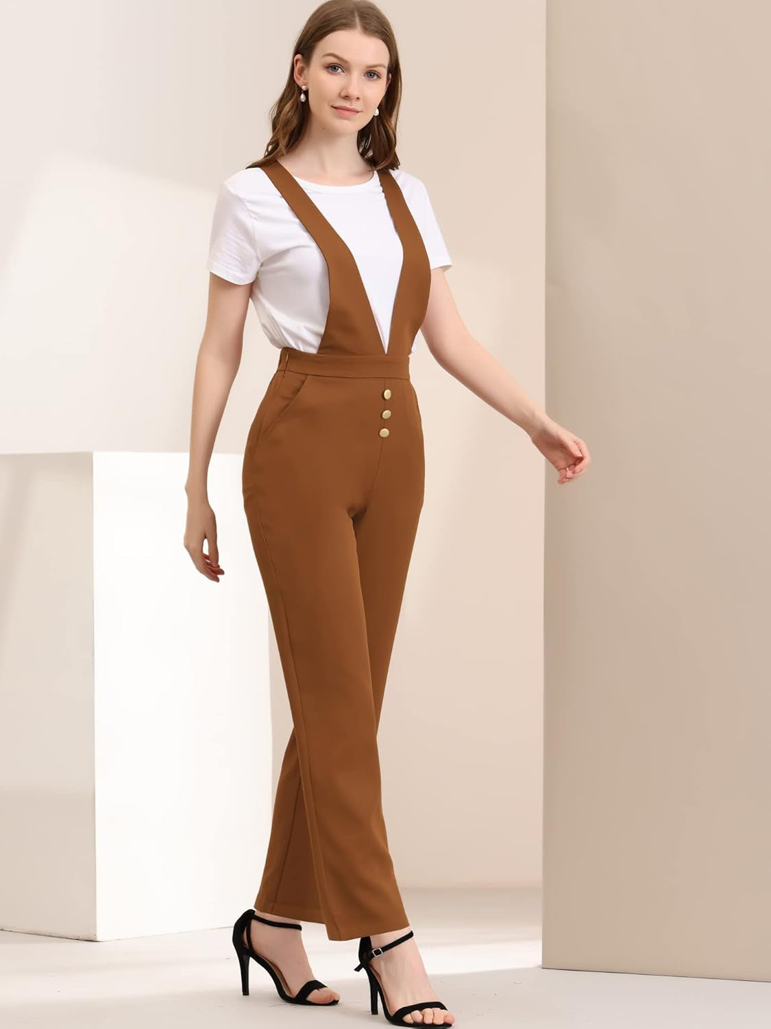 Women'S Overalls Wide Leg Pants Slant Pocket Long Suspenders Jumpsuit
