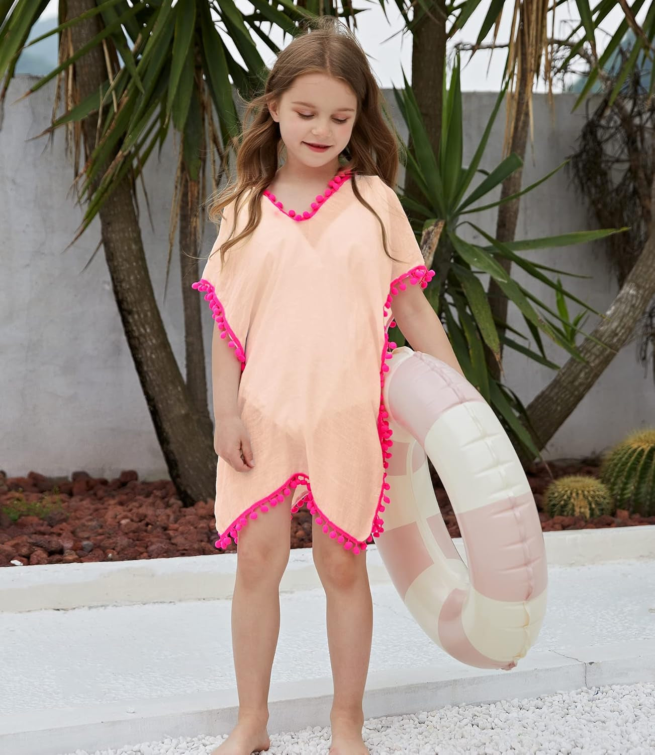 Girls Swim Cover up Beach Swimwear Coverup Swimsuit Wraps with Pom Pom Trim