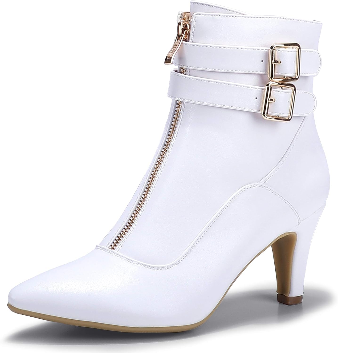 Women's Classic Short Ankle Booties with Pointed Toe, Metal Buckle, and Side Zipper in Kitten Heel Design