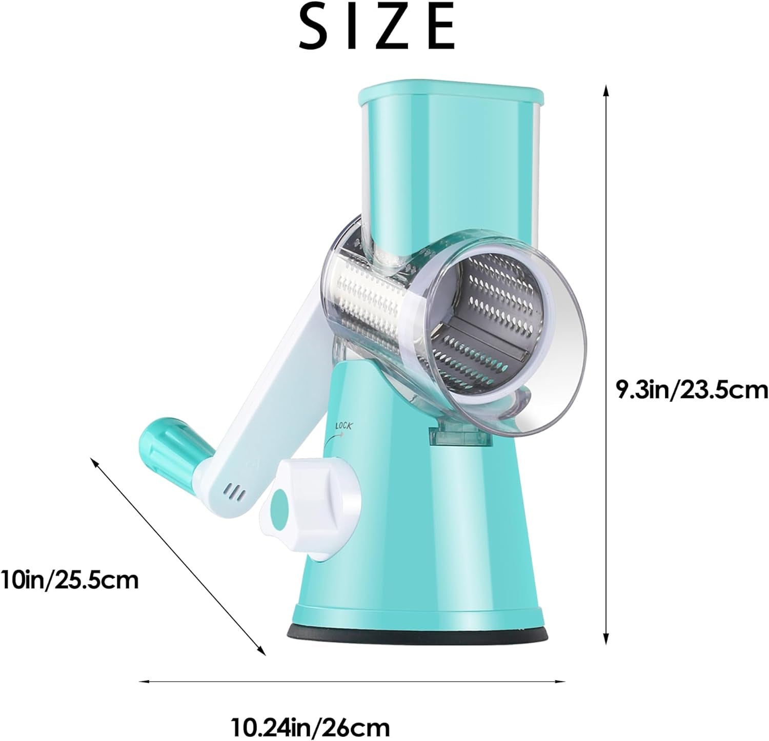 Manual Rotary Cheese Grater and Vegetable Slicer with Handle and Interchangeable Drum Blades, Blue