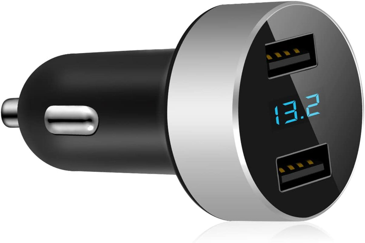 Dual USB Car Charger with 12V/24V Voltage Meter, 4.8A Output, Cigarette Lighter Plug Adapter for iPhone, iPad, Samsung, and Other USB Charging Devices, Silver