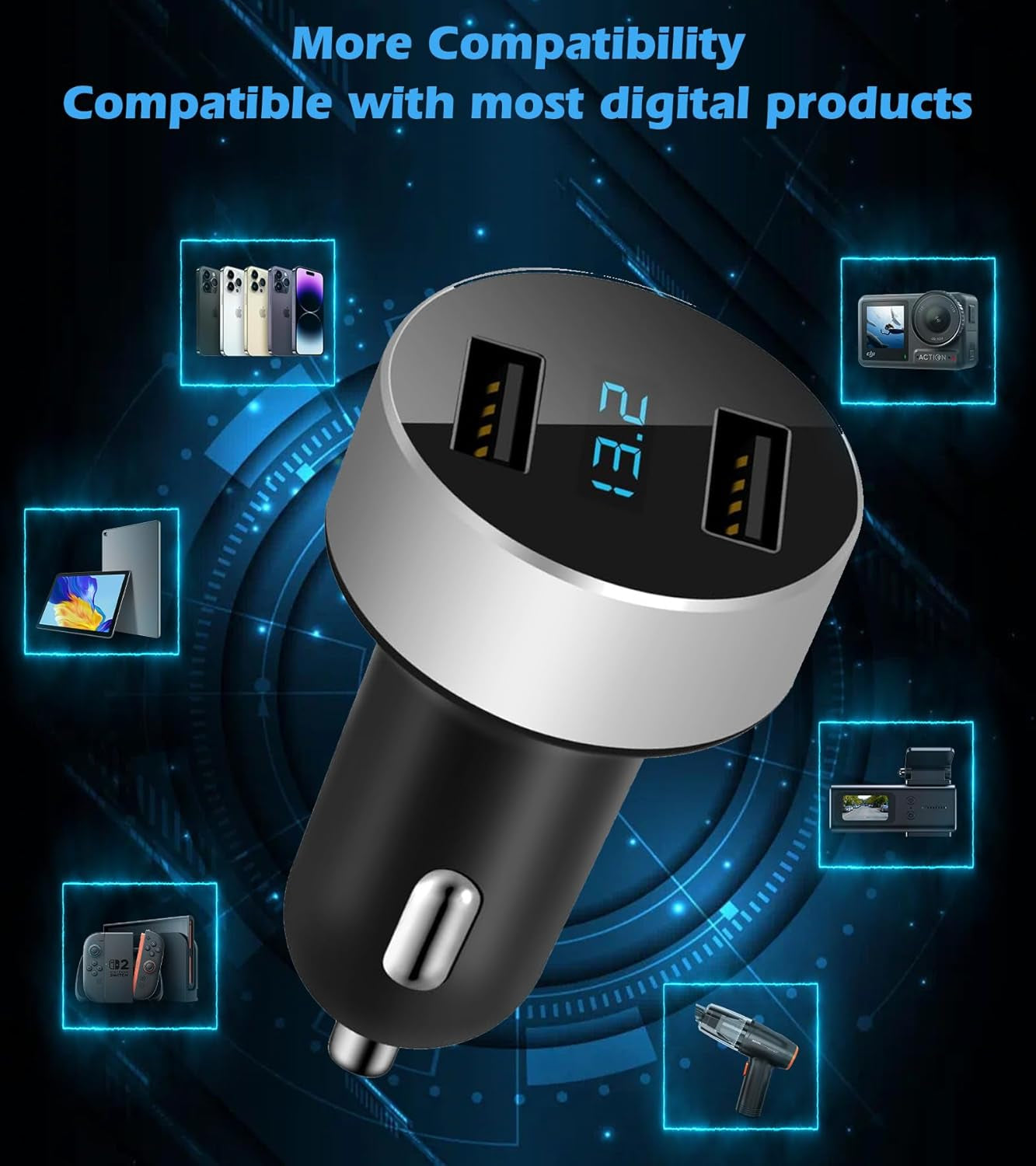 Dual USB Car Charger with 12V/24V Voltage Meter, 4.8A Output, Cigarette Lighter Plug Adapter for iPhone, iPad, Samsung, and Other USB Charging Devices, Silver