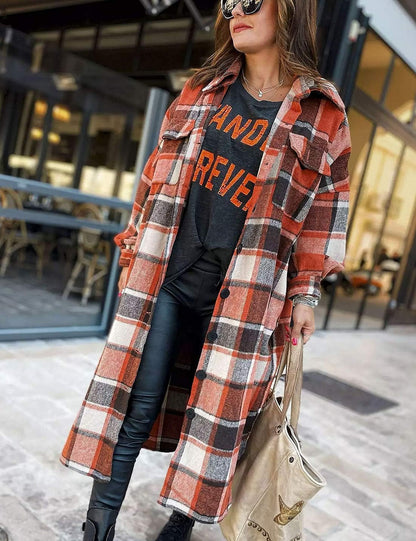 Women's Oversized Flannel Plaid Shacket - Long Button-Down Shirt Jacket for Fall