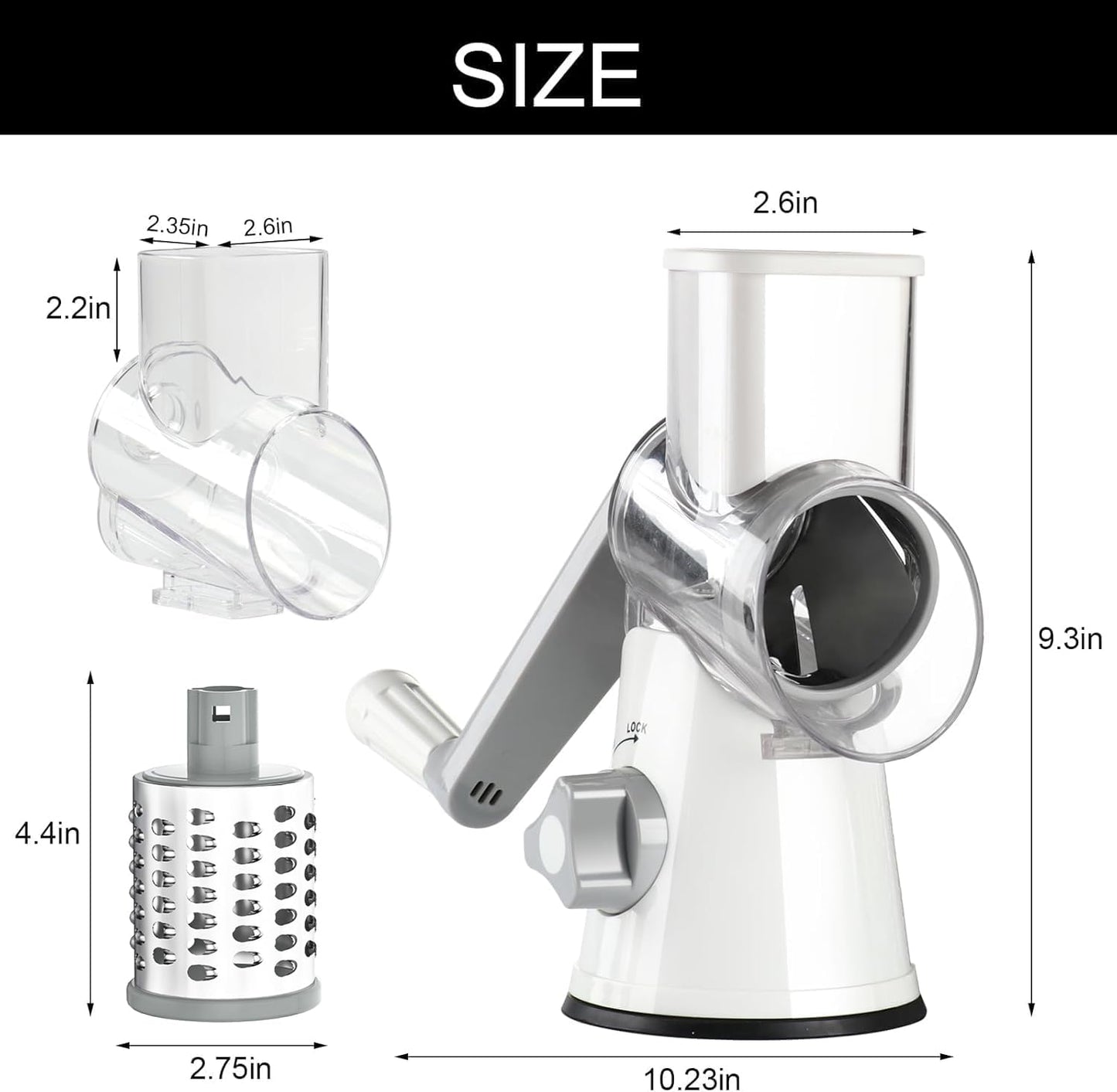 Manual Rotary Cheese Grater with Non-Slip Suction Base, Three Blades, and Cleaning Brush for Cheese, Vegetables, and Nuts - White