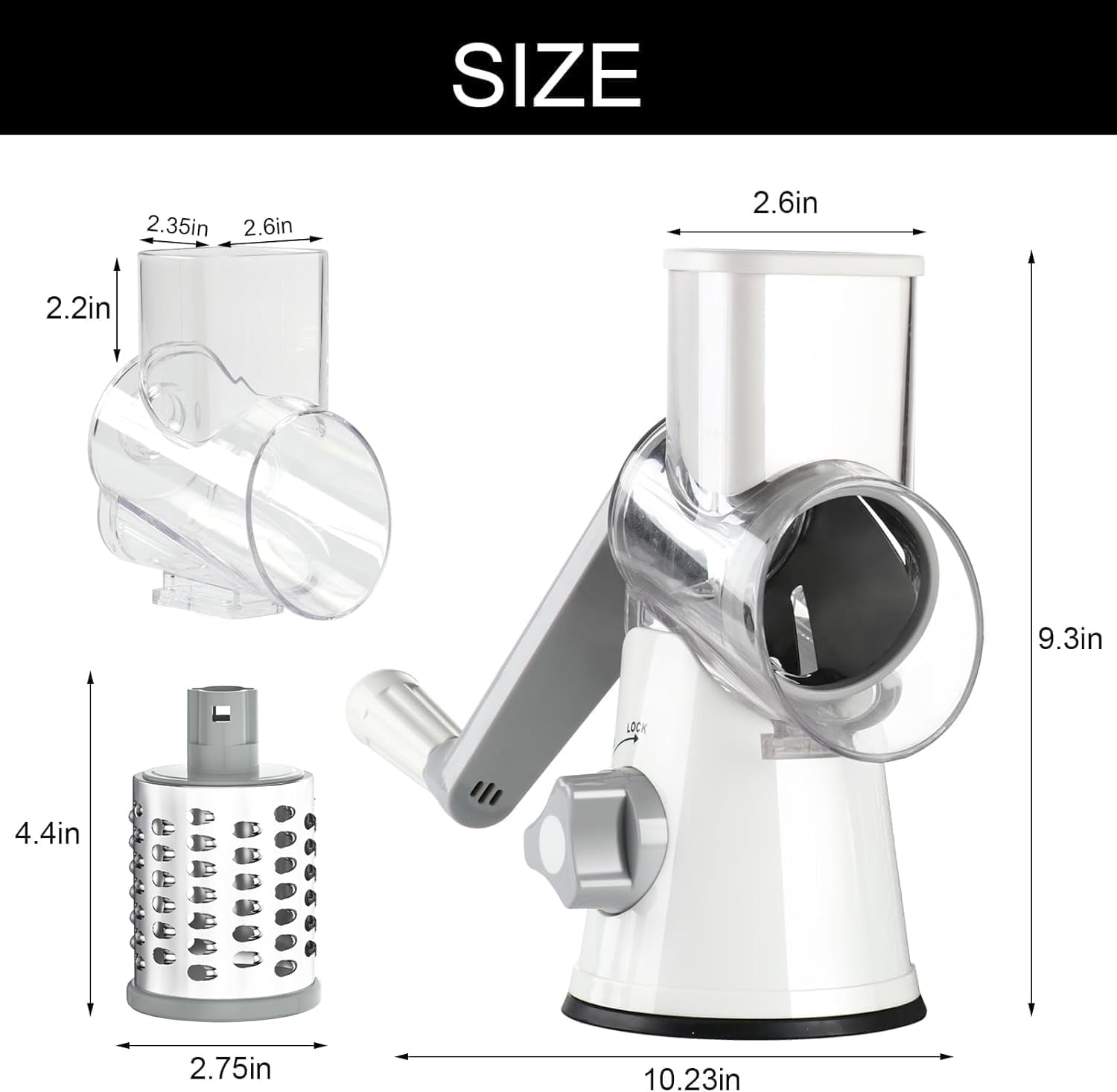 Manual Rotary Cheese Grater with Non-Slip Suction Base, Three Blades, and Cleaning Brush for Cheese, Vegetables, and Nuts - White