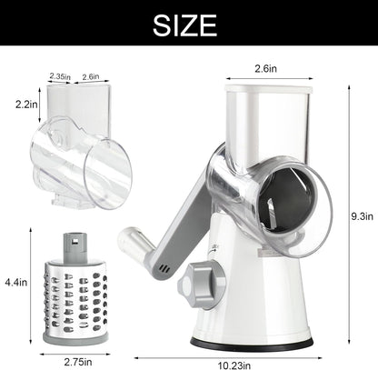 Manual Rotary Cheese Grater with Non-Slip Suction Base, Three Blades, and Cleaning Brush for Cheese, Vegetables, and Nuts - White