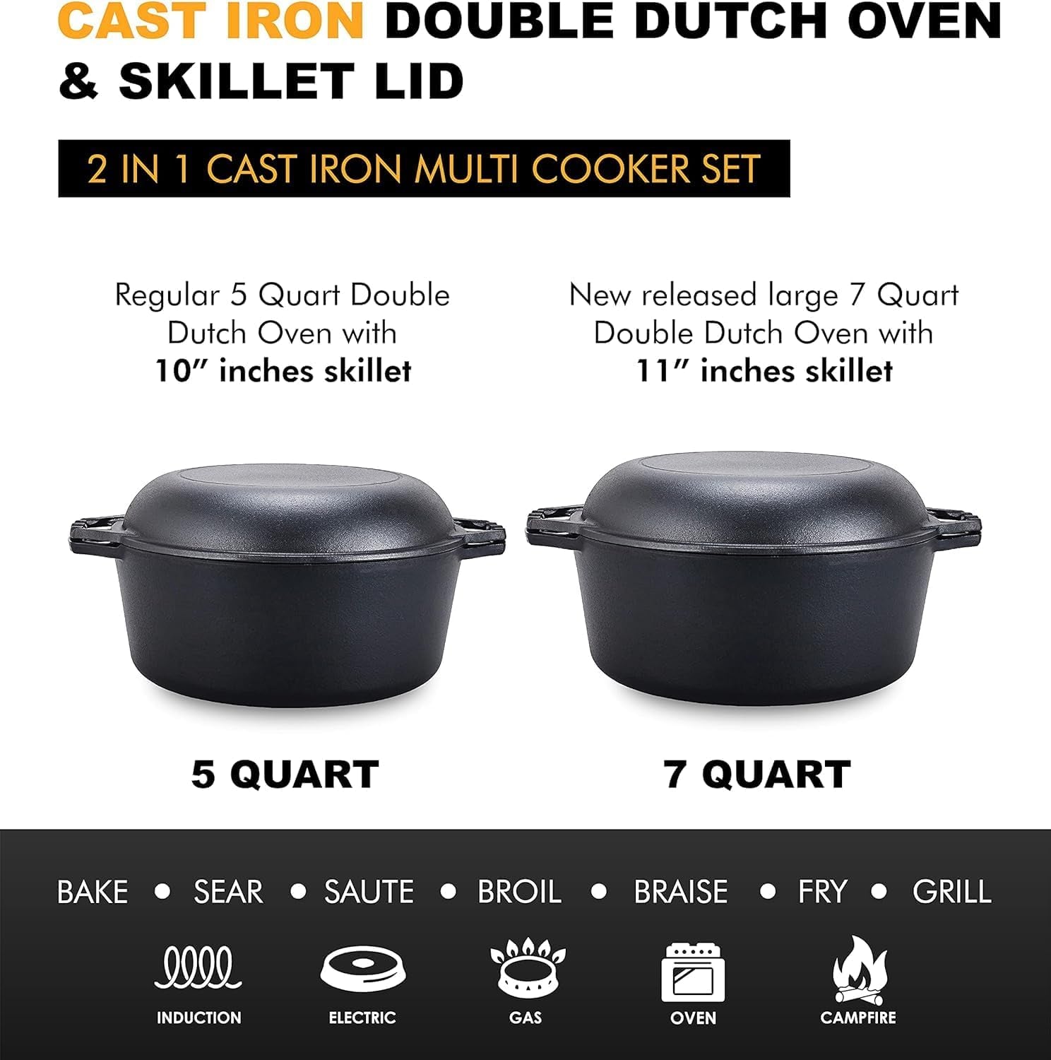 Pre-Seasoned 7-Quart Cast Iron Double Dutch Oven with Skillet Lid - Versatile Heavy-Duty Casserole and Braising Pan - Oven Safe Black Cookware - Dimensions: 14.7 x 6.9 Inches