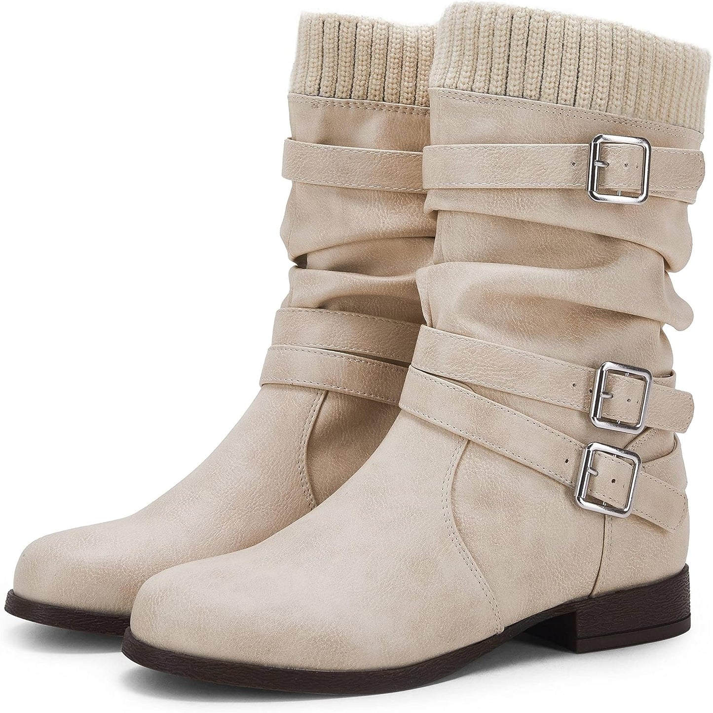 Womens Winter Mid Calf Slouchy Low Chunky Block Heel Faux Leather Buckle Strap Snow Booties