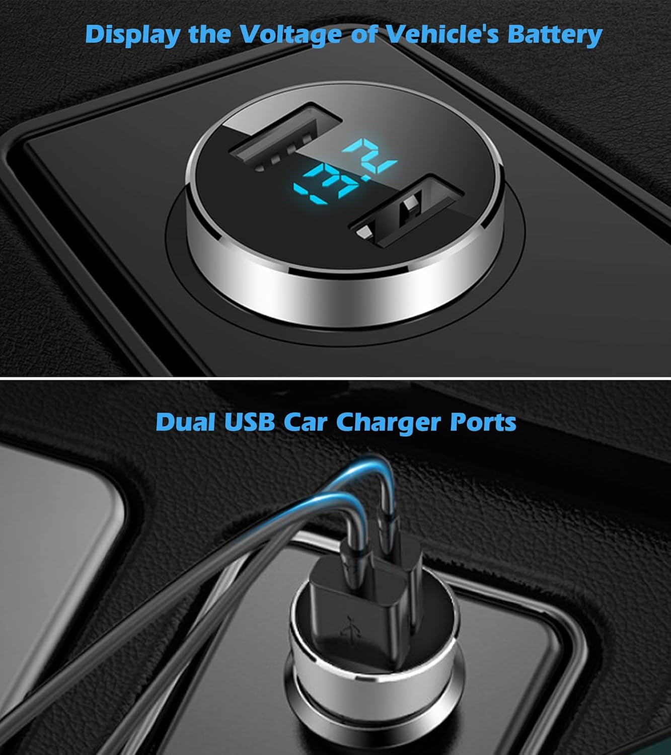 Dual USB Car Charger with 12V/24V Voltage Meter, 4.8A Output, Cigarette Lighter Plug Adapter for iPhone, iPad, Samsung, and Other USB Charging Devices, Silver