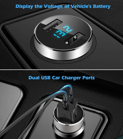 Dual USB Car Charger with 12V/24V Voltage Meter, 4.8A Output, Cigarette Lighter Plug Adapter for iPhone, iPad, Samsung, and Other USB Charging Devices, Silver
