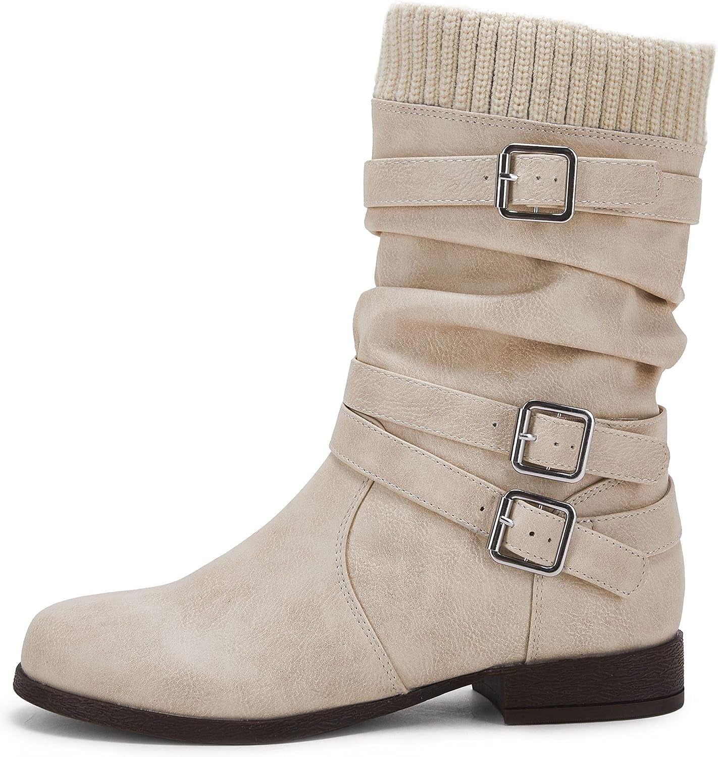 Womens Winter Mid Calf Slouchy Low Chunky Block Heel Faux Leather Buckle Strap Snow Booties