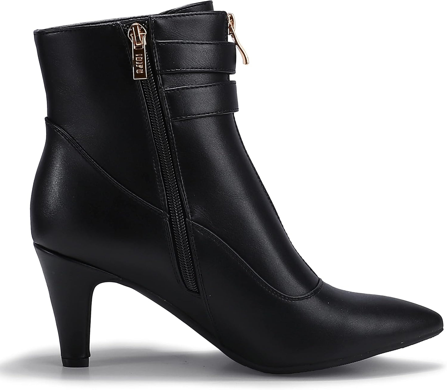 Women's Classic Short Ankle Booties with Pointed Toe, Metal Buckle, Two Straps, and Side Zipper in Kitten Heel Design