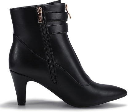Women's Classic Short Ankle Booties with Pointed Toe, Metal Buckle, Two Straps, and Side Zipper in Kitten Heel Design