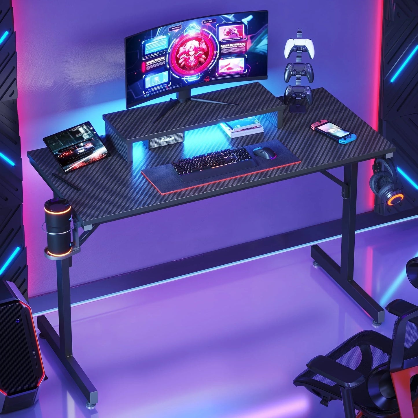 42" Gaming Desk with LED Lights, Monitor Stand, Headphone Hook & Cup Holder - Carbon Fiber Black