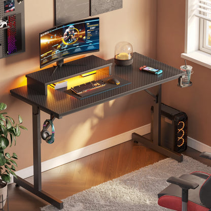 42" Gaming Desk with LED Lights, Monitor Stand, Headphone Hook & Cup Holder - Carbon Fiber Black