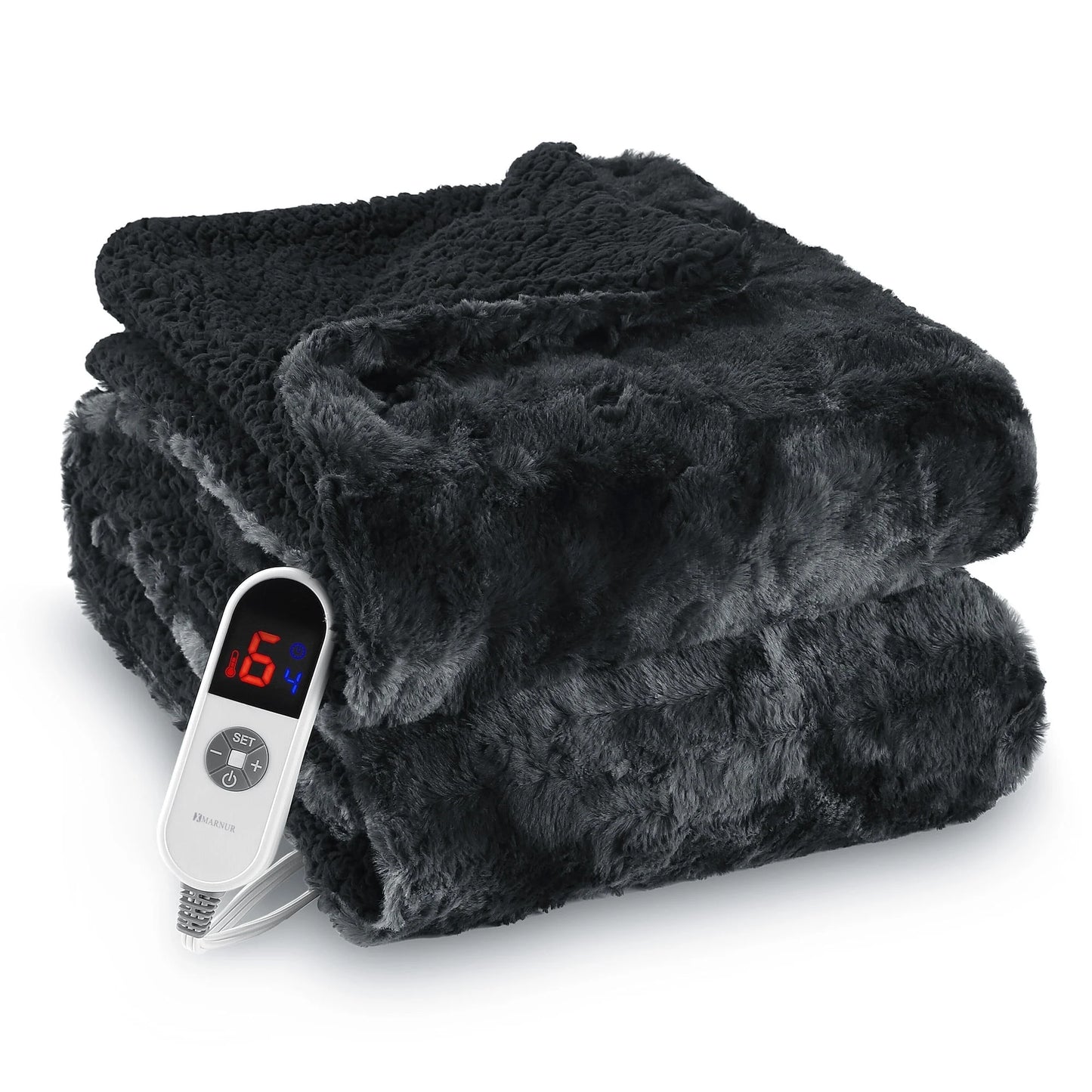 Heated Faux Fur Throw Blanket - 50" x 60", Soft Tie-Dye Black, 6 Heat Levels, Large LED Display, 4-Hour Timer