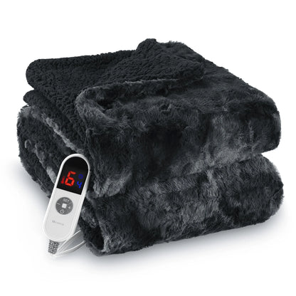 Heated Faux Fur Throw Blanket - 50" x 60", Soft Tie-Dye Black, 6 Heat Levels, Large LED Display, 4-Hour Timer