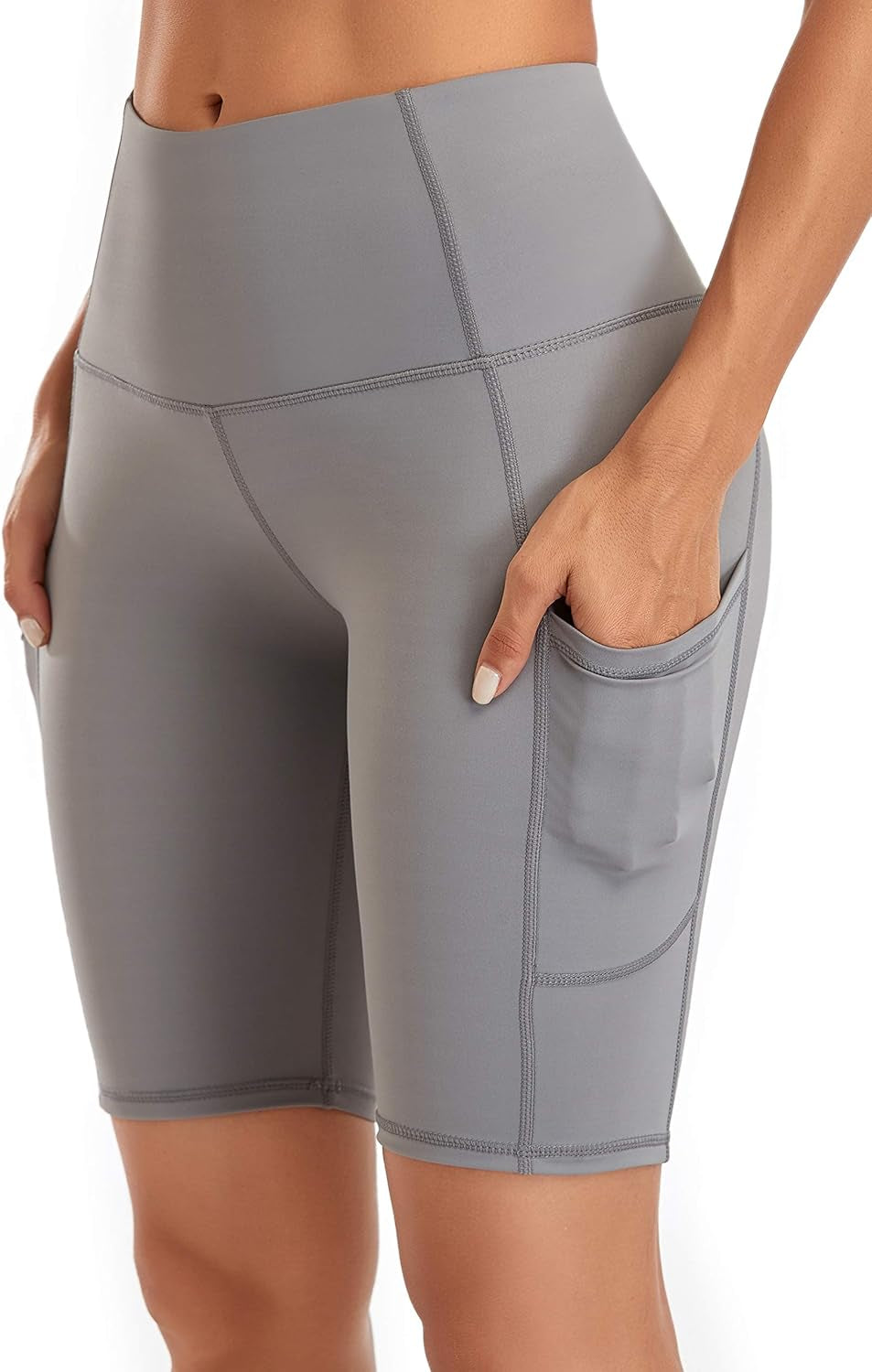 Women'S Short Yoga Side Pockets High Waist Workout Running Shorts Light Grey XS