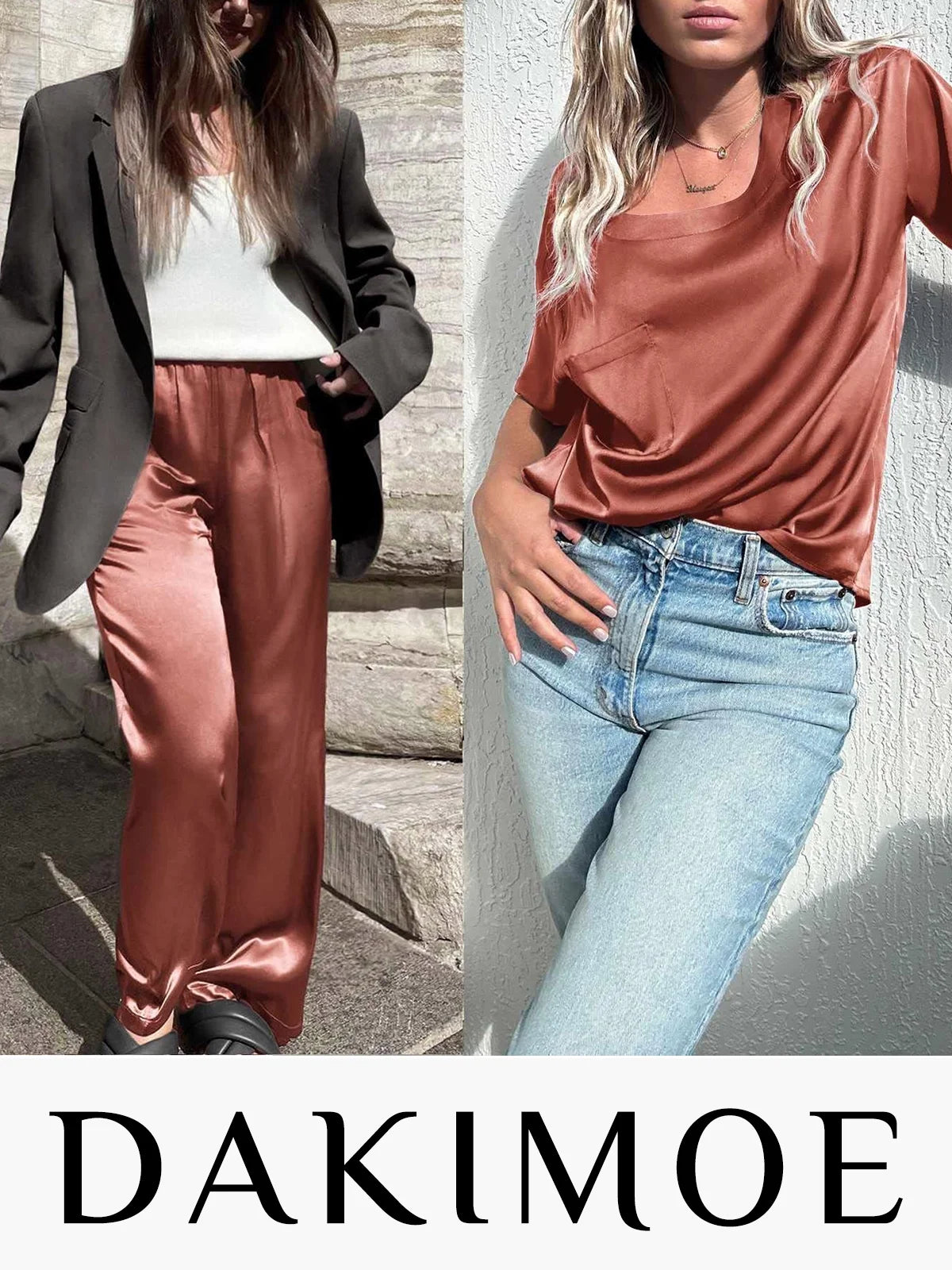 Luxurious  Women's Silk Satin Pajama Set - Short Sleeve Shirt & Long Pants - Soft Sleepwear Loungewear in Caramel, Sizes S-XXL