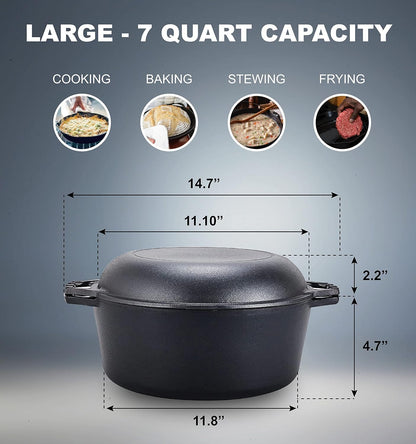 Pre-Seasoned 7-Quart Cast Iron Double Dutch Oven with Skillet Lid - Versatile Heavy-Duty Casserole and Braising Pan - Oven Safe Black Cookware - Dimensions: 14.7 x 6.9 Inches