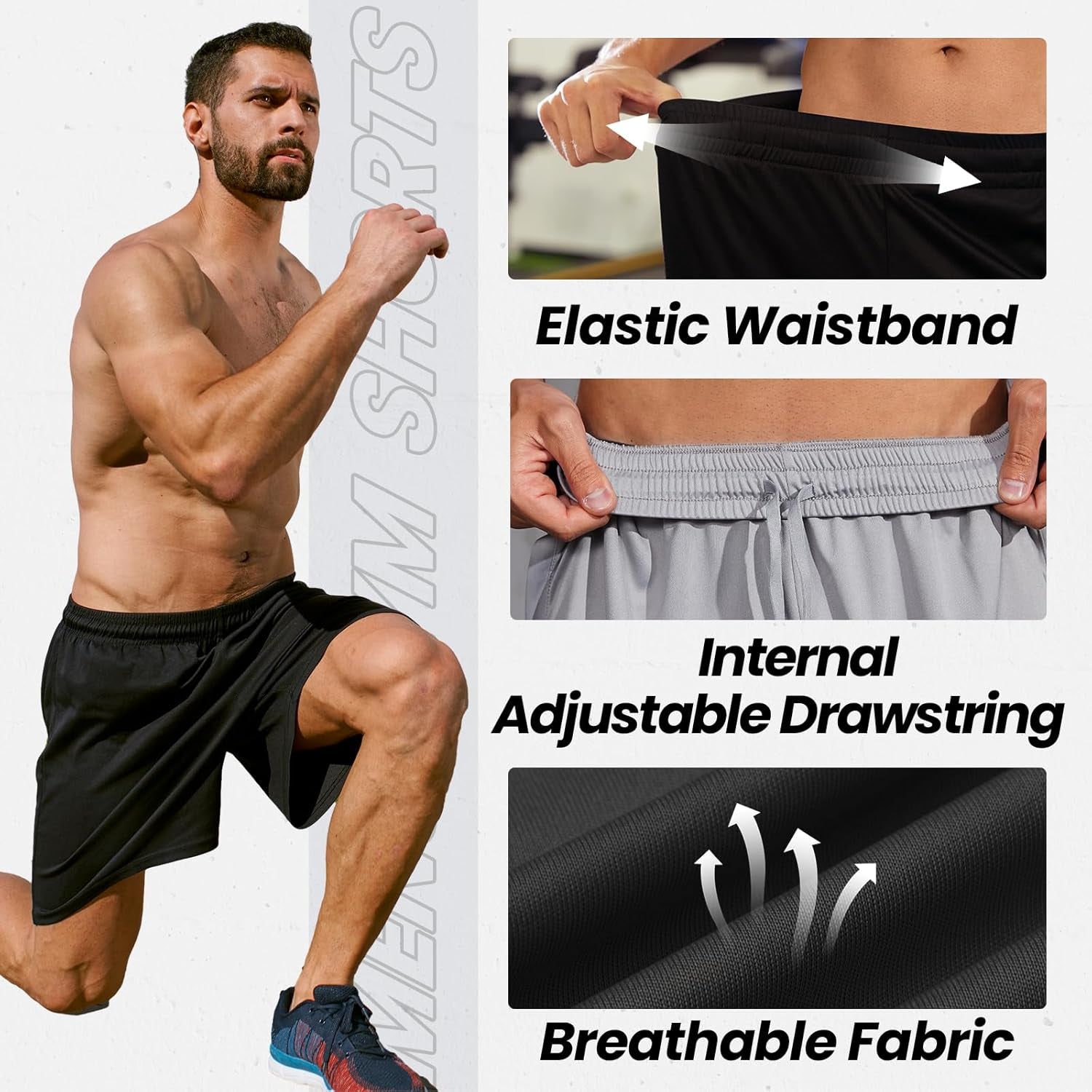 Men's Athletic Shorts with Pockets and Elastic Waistband - Quick Dry Activewear