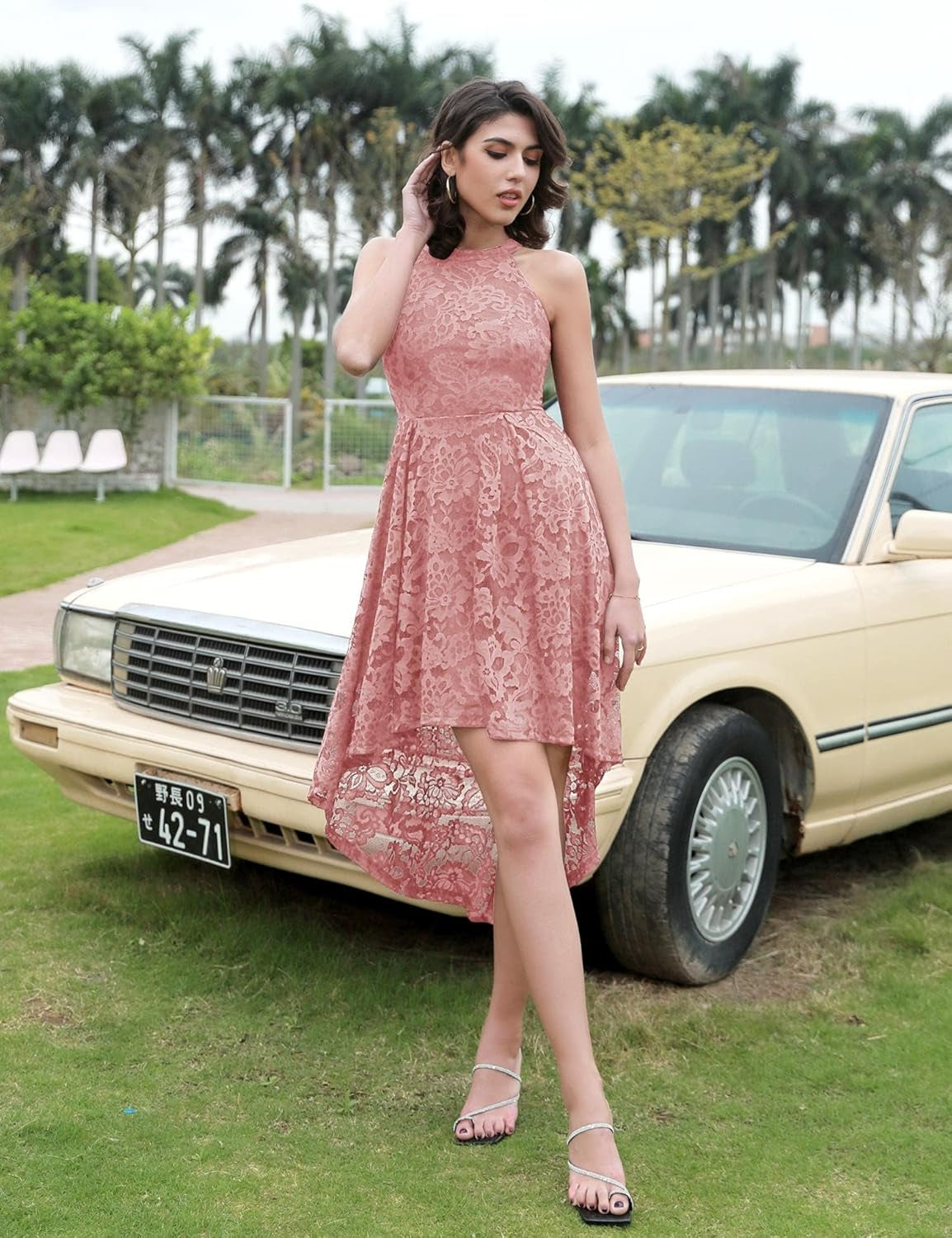 Women's Halter Lace Hi-Lo Cocktail Dress for Wedding Guests and Bridesmaids