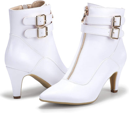 Women's Classic Short Ankle Booties with Pointed Toe, Metal Buckle, and Side Zipper in Kitten Heel Design