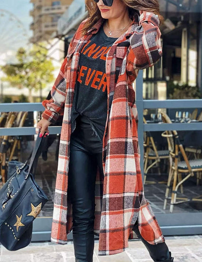 Women's Oversized Flannel Plaid Shacket - Long Button-Down Shirt Jacket for Fall