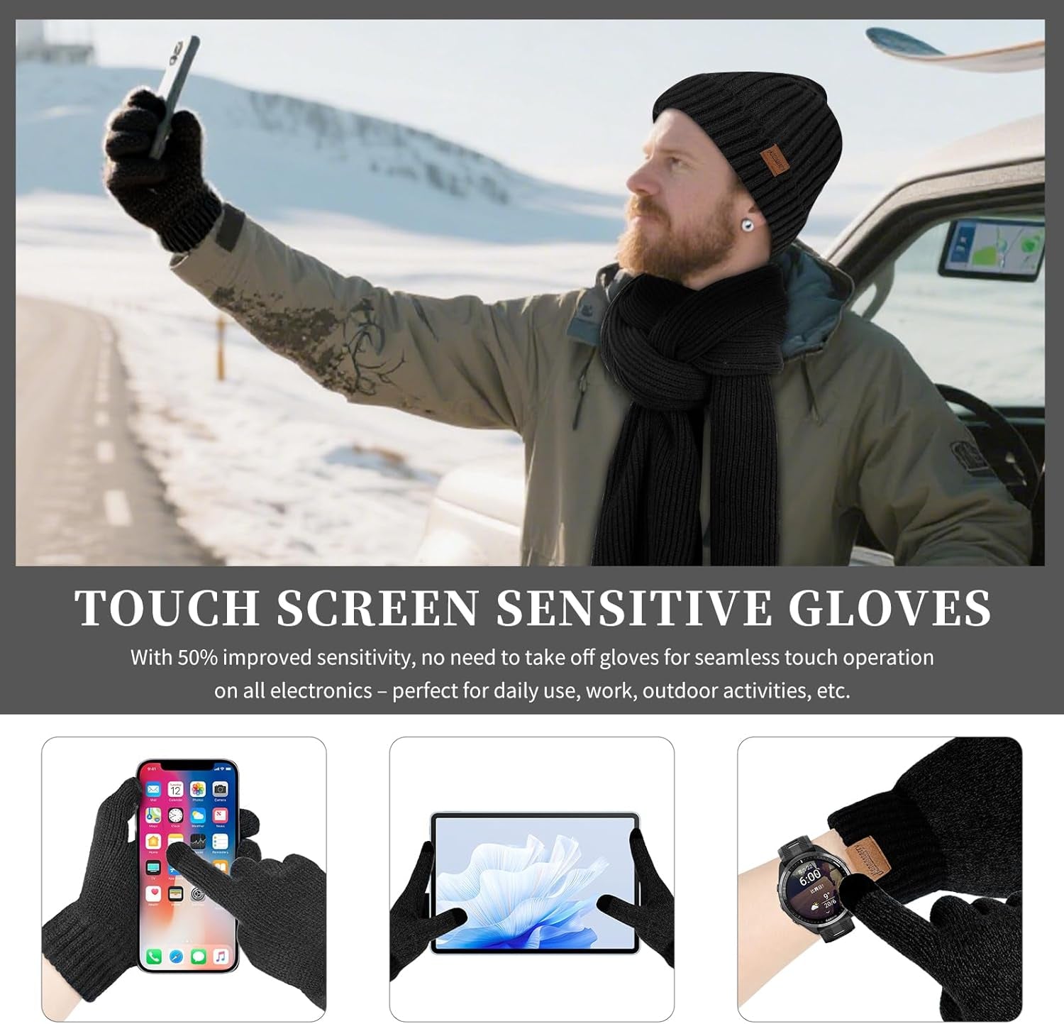 Winter Accessories Set for Men: Beanie Hat, Scarf, and Touchscreen Gloves for Men and Women