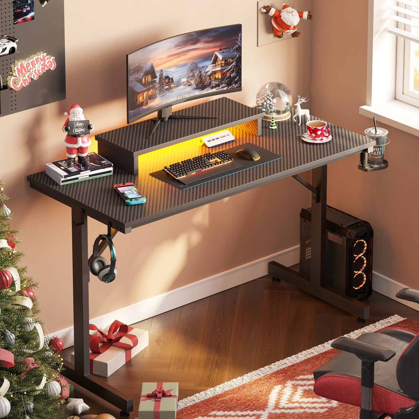 42" Gaming Desk with LED Lights, Monitor Stand, Headphone Hook & Cup Holder - Carbon Fiber Black