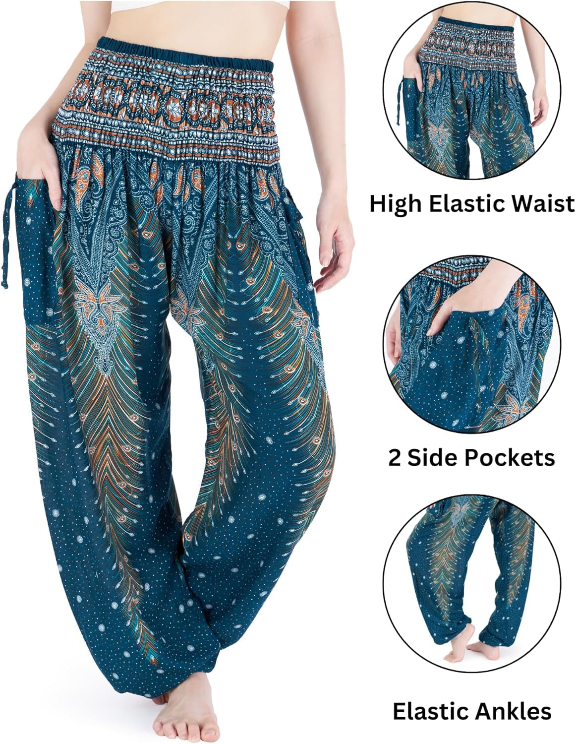 Women's Bohemian Flowing Harem Pants with Smocked Waist for Yoga and Casual Wear