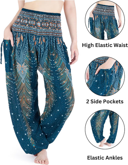 Women's Bohemian Flowing Harem Pants with Smocked Waist for Yoga and Casual Wear
