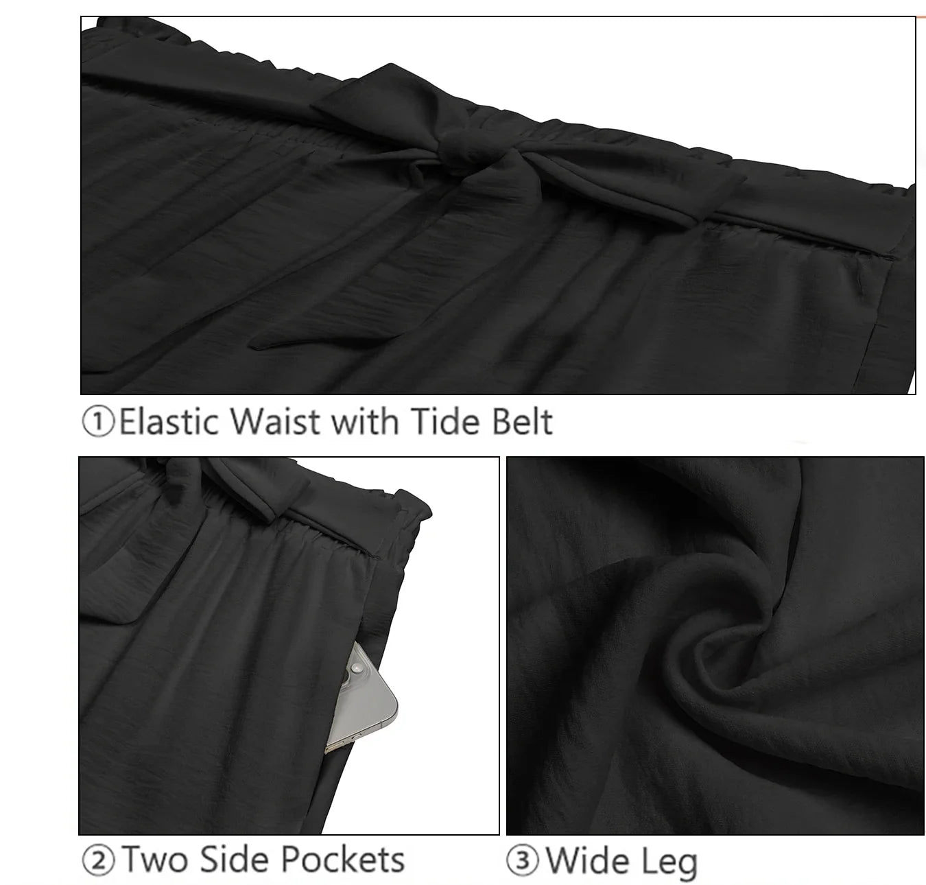 High-Waisted Wide Leg Lounge Pants with Pockets - Adjustable Tie Knot Casual Trousers for Work and Play