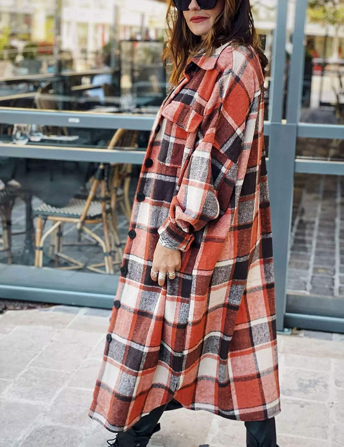 Women's Oversized Flannel Plaid Shacket - Long Button-Down Shirt Jacket for Fall