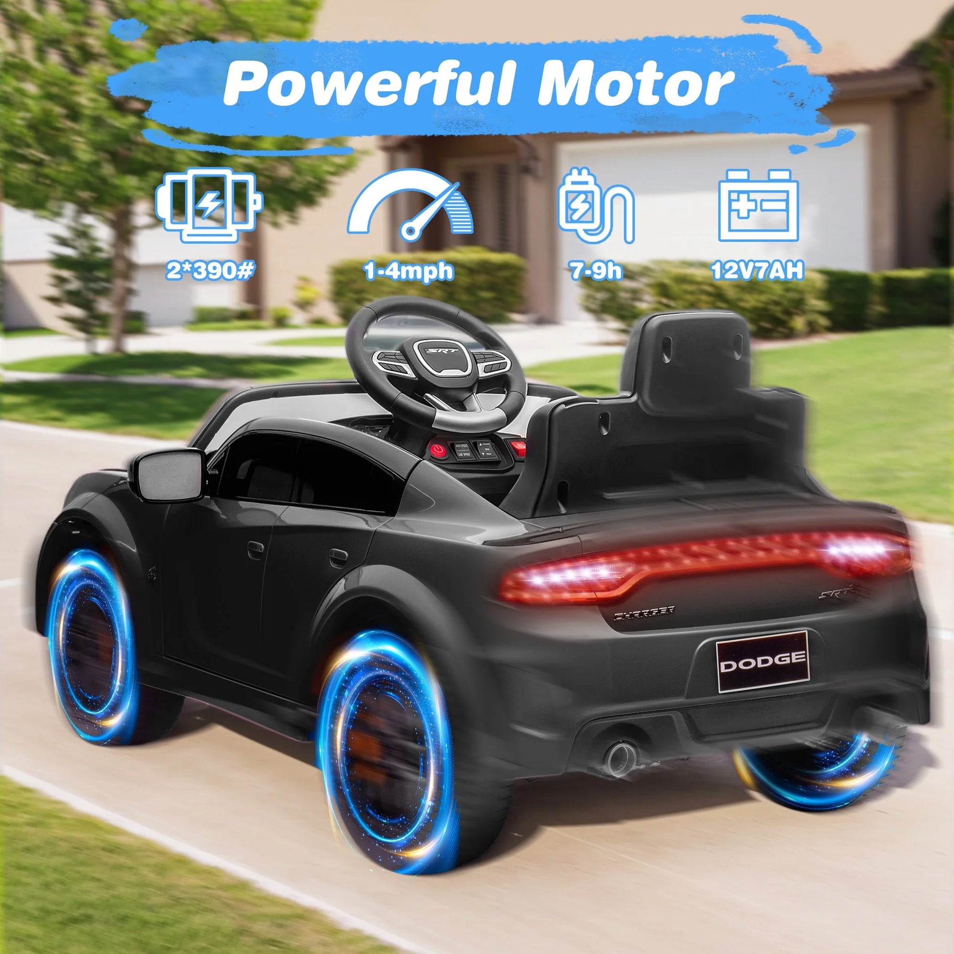 Dodge Charger SRT Hellcat 12V Electric Ride-On Car for Kids - Remote Control, Music Player, LED Lights, Safety Belt - Perfect for Boys Ages 3-5 - Black