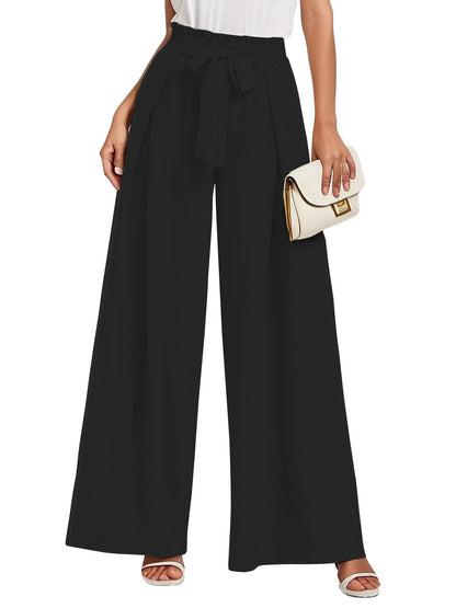High-Waisted Wide Leg Lounge Pants with Pockets - Adjustable Tie Knot Casual Trousers for Work and Play