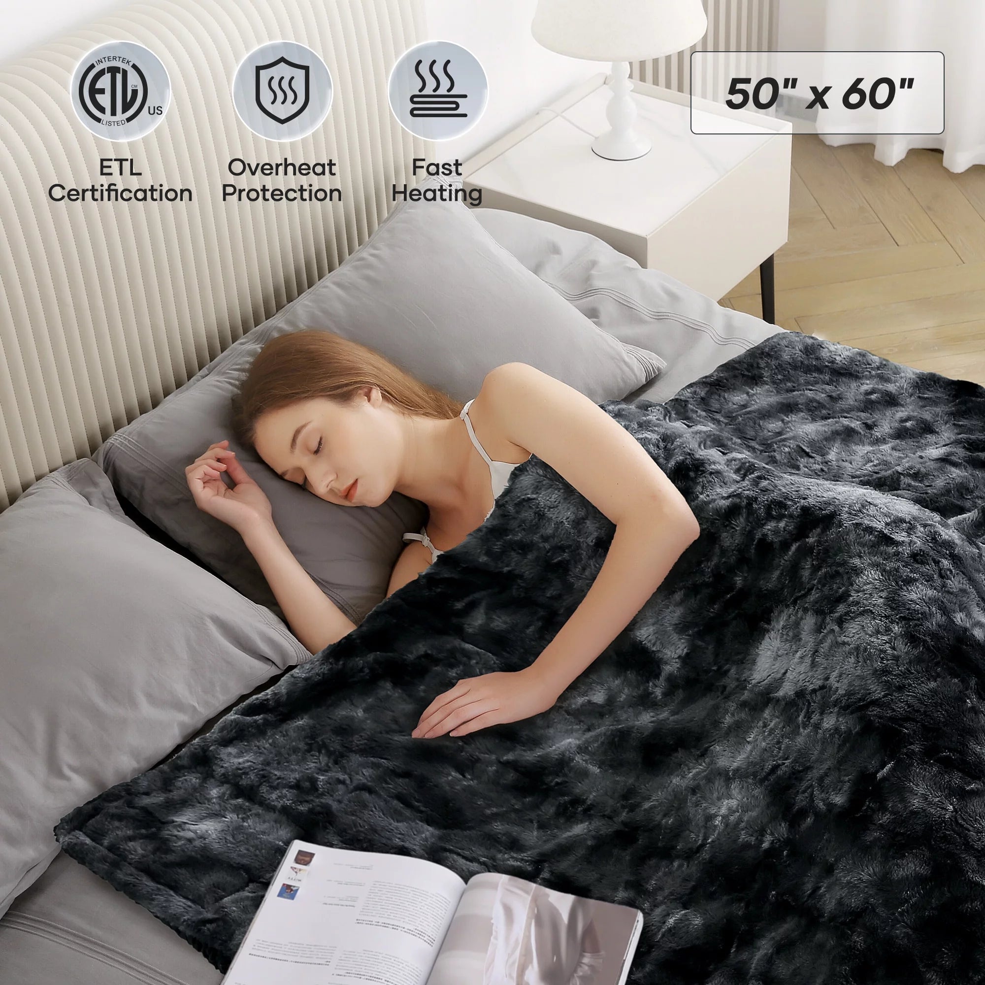 Heated Faux Fur Throw Blanket - 50" x 60", Soft Tie-Dye Black, 6 Heat Levels, Large LED Display, 4-Hour Timer
