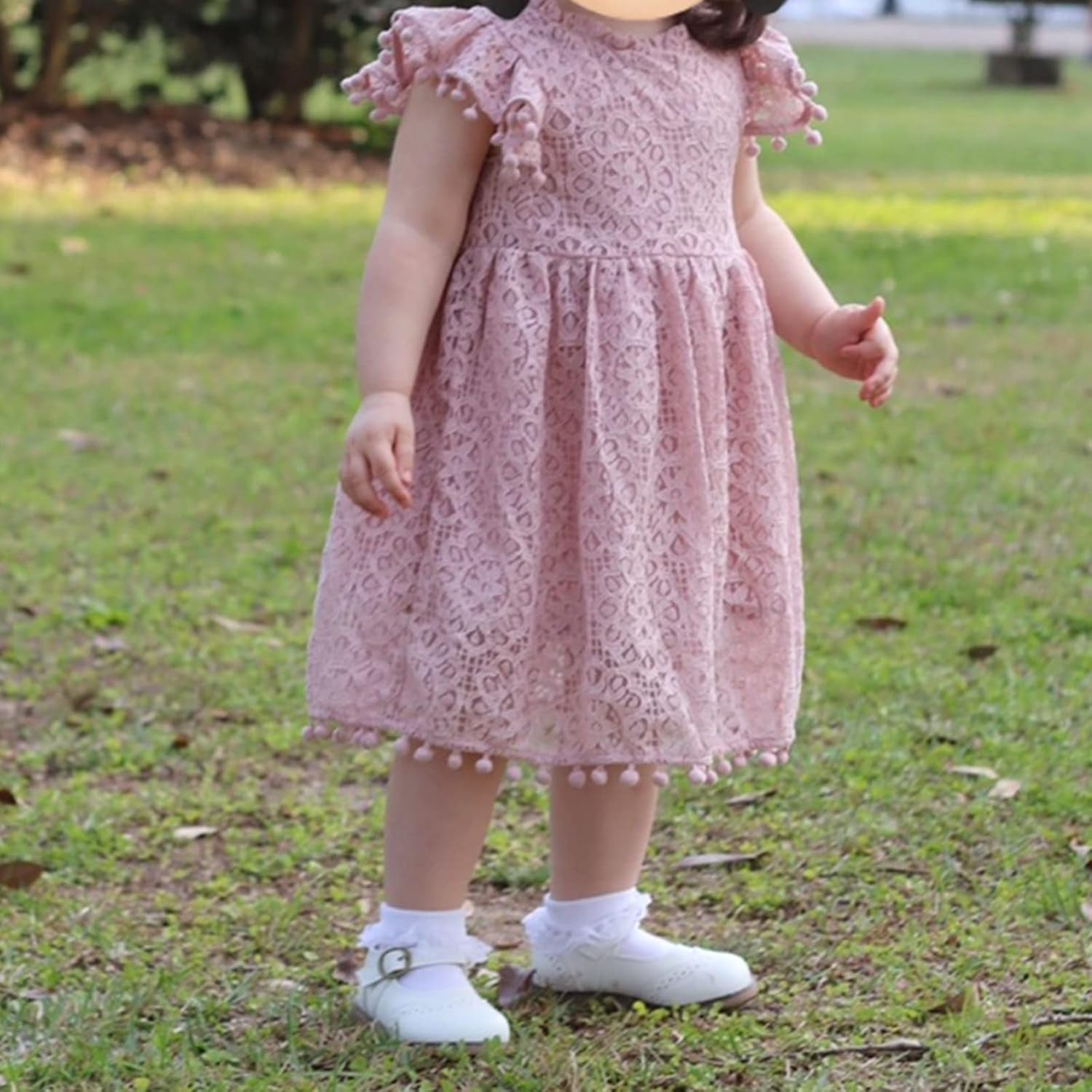 Toddler Girls Elegant Lace Flutter Sleeve Party Dress with Pom Poms