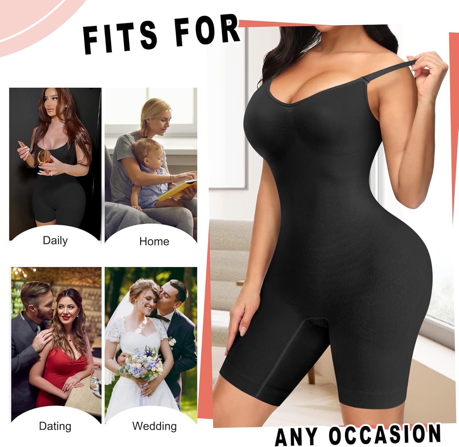 Women Seamless V Neck Bodysuit Tops Slim Fit Full Body Shaper Comfort Shapewear Butt Lifter Leotard Stretchy Jumpsuit (Black, Medium/Large)